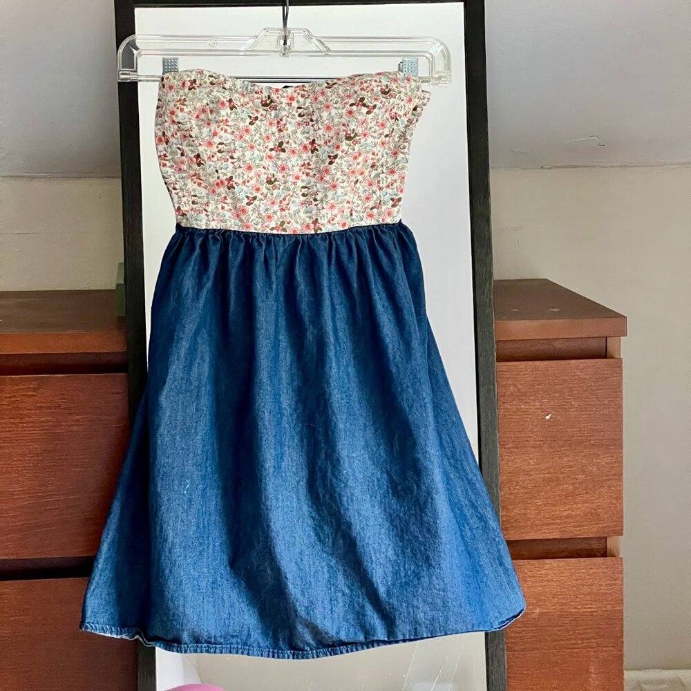 Forever 21 Strapless Floral Denim Dress